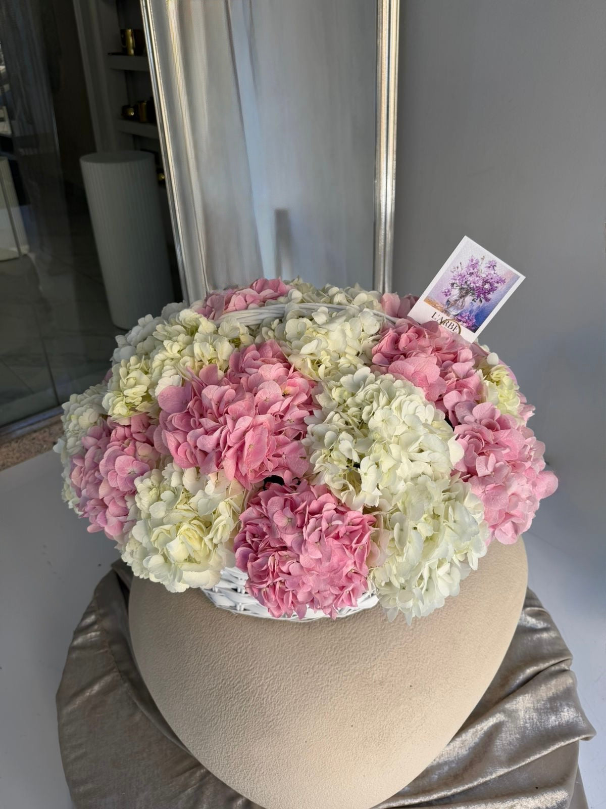 WHITE AND PINK FLOWERS ARRANGEMENT IN BASKET IN BOX WITH HYDRANGEA V111 “NEKRASOV”