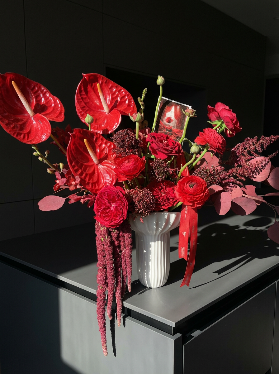 RED INTIRIOR FLOWERS IN VASE WITH ANTHURIUM “RED RONO”