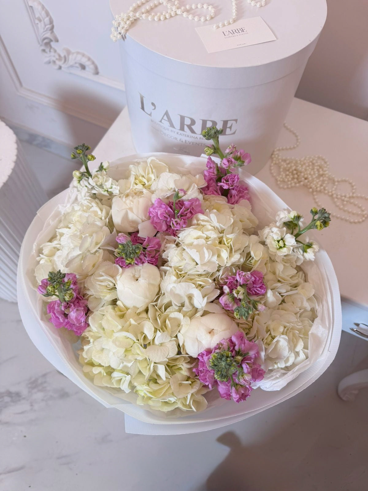 FLOWERS BOUQUET WITH HYDRANGEAS AND EUSTOMA IN WHITE WRAPPING “DREAMMY BOUQUET”