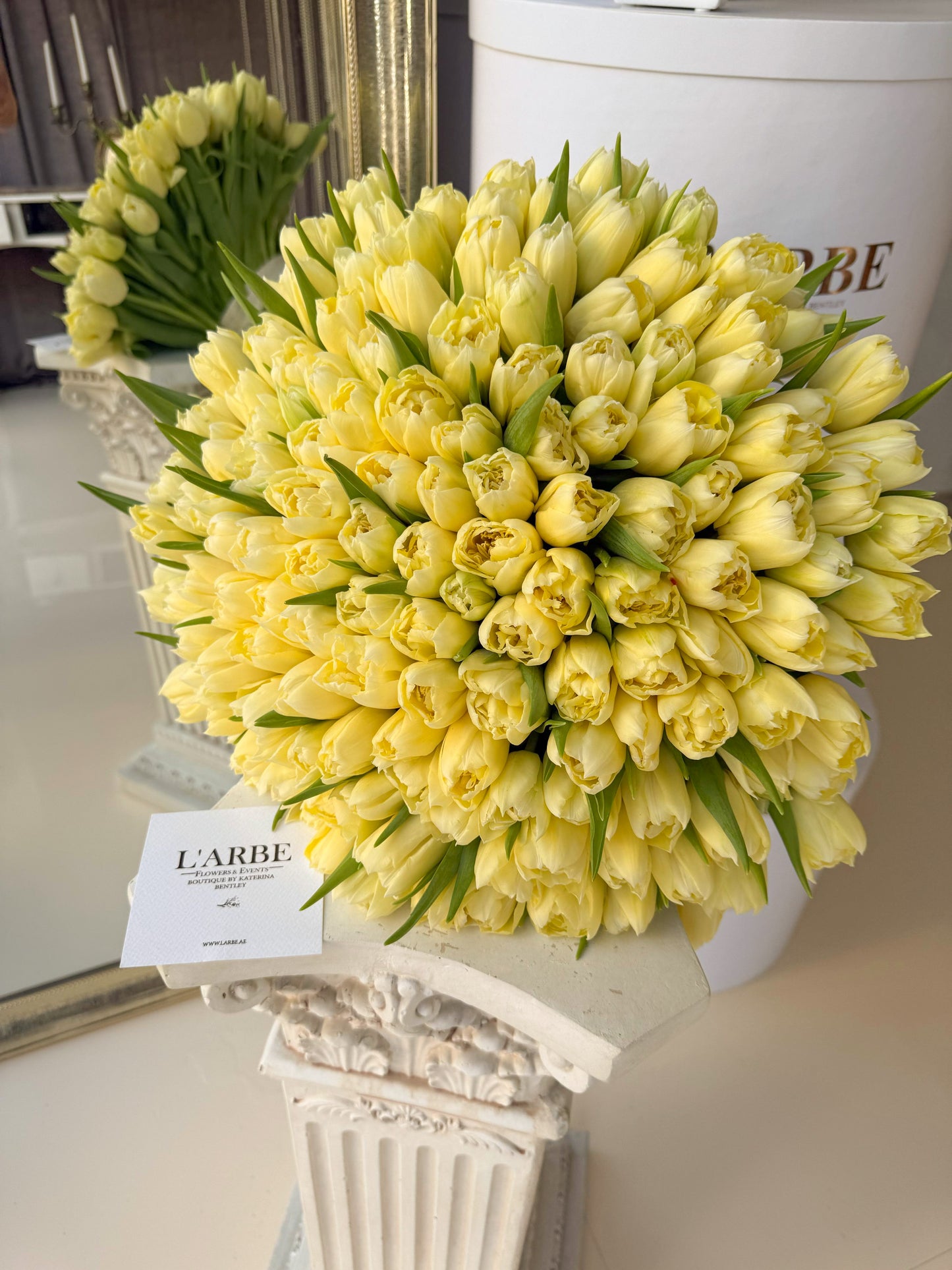 Flowers bouquet “light yellow lime double petal tulip” 149 pcs