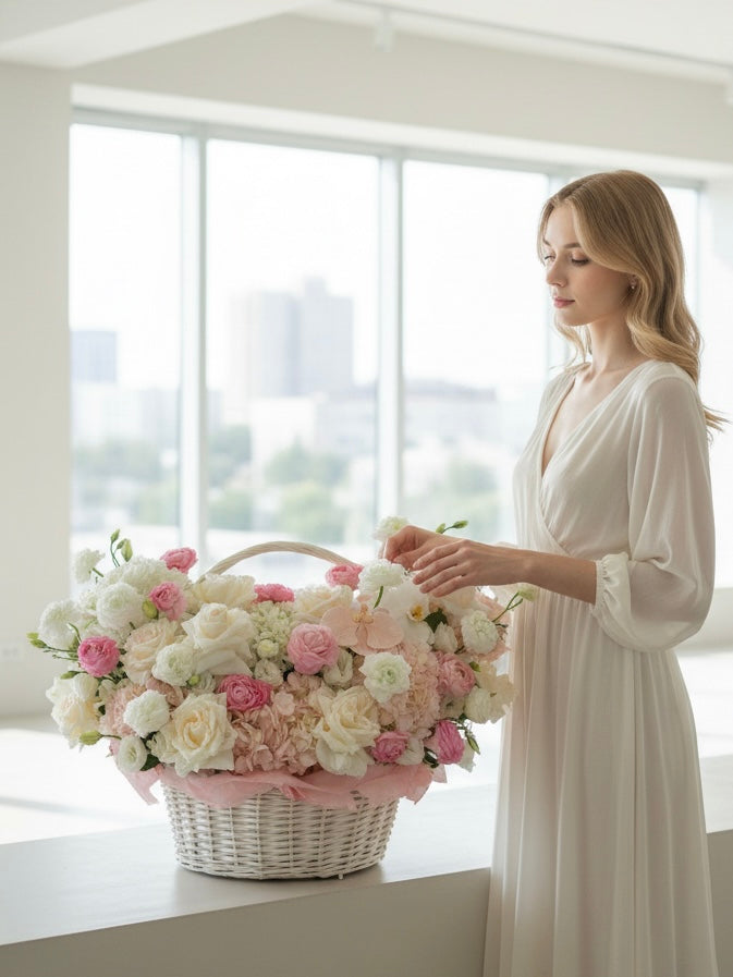 WHITE AND PINK FLOWERS ARRANGEMENT IN BASKET IN BOX WITH ORCHIDS, HYDRANGEA AND RANUNCULUS V107 “ALI”