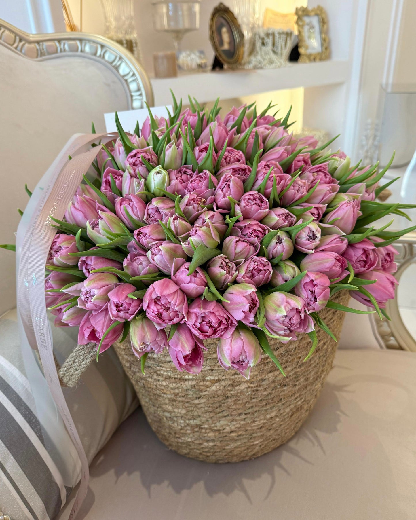 DOUBLE PETALS LILAC TULIPS IN BASKET