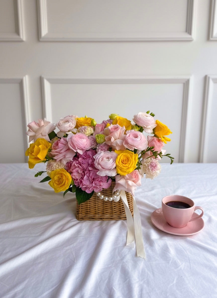 FLOWERS BASKET WITH RANUNCULUS, HYDRANGEAS AND ROSES