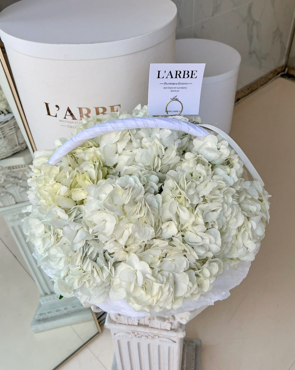 Flowers bouquet in basket “White hydrangea in basket” 15 pcs