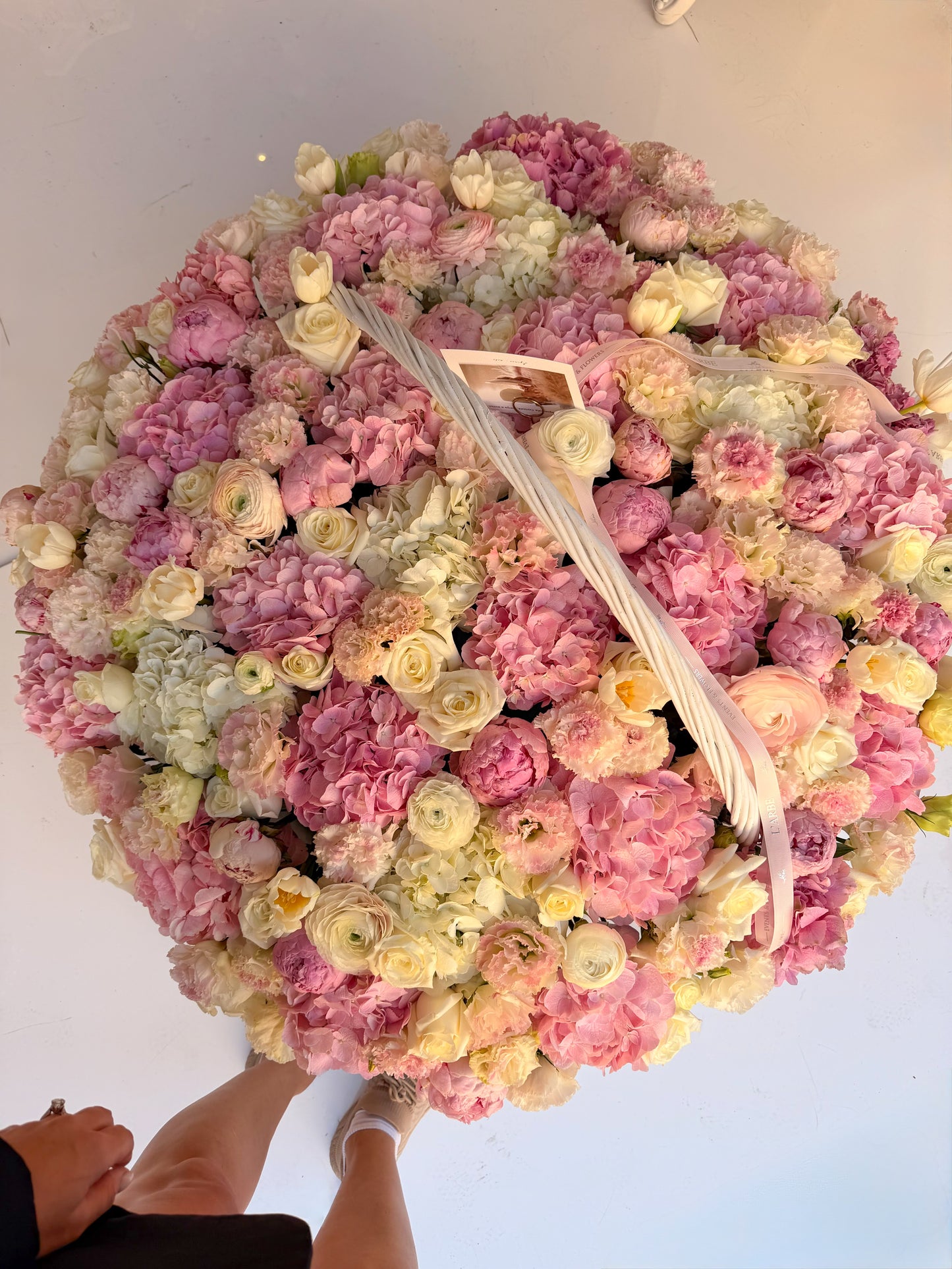 FLOWERS BASKET WITH PINK PEONIES AND RANUNCULUS “LIANNA BASKET” HUGE