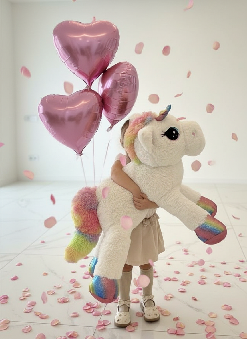 VALENTINES EDITION UNICORN TOY WITH BALLOONS HEARTS 3 PCS