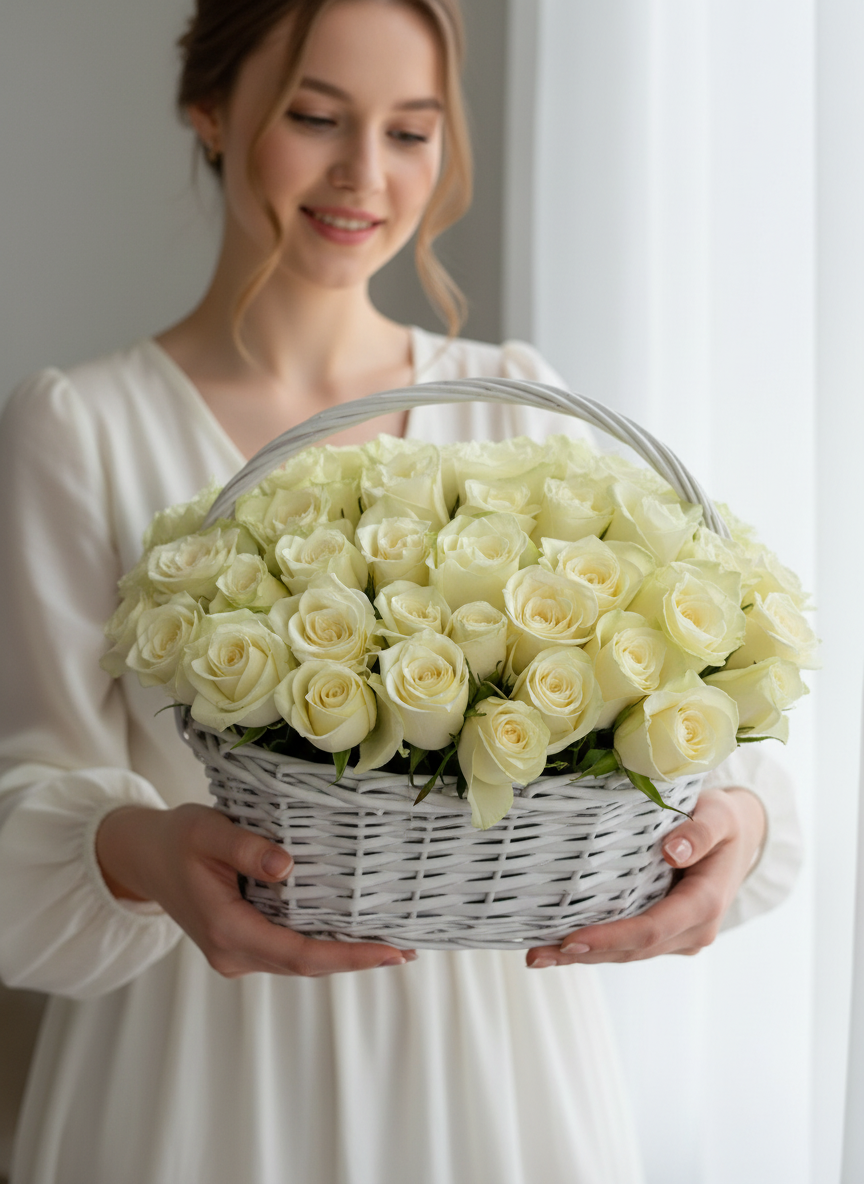 FLOWERS BASKET WITH MINI WHITE ROSES 61 PCS