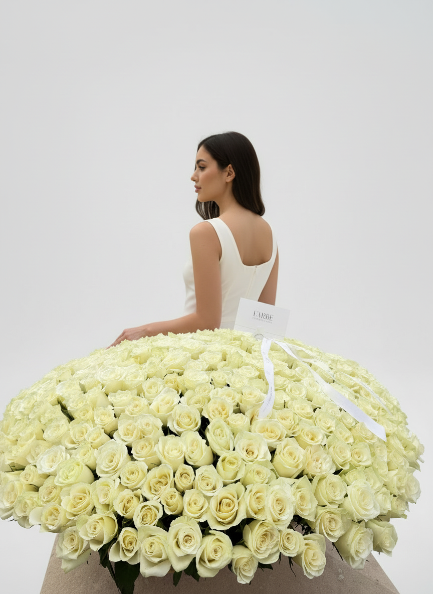 FLOWERS BASKET WITH 301 MINI WHITE ROSES