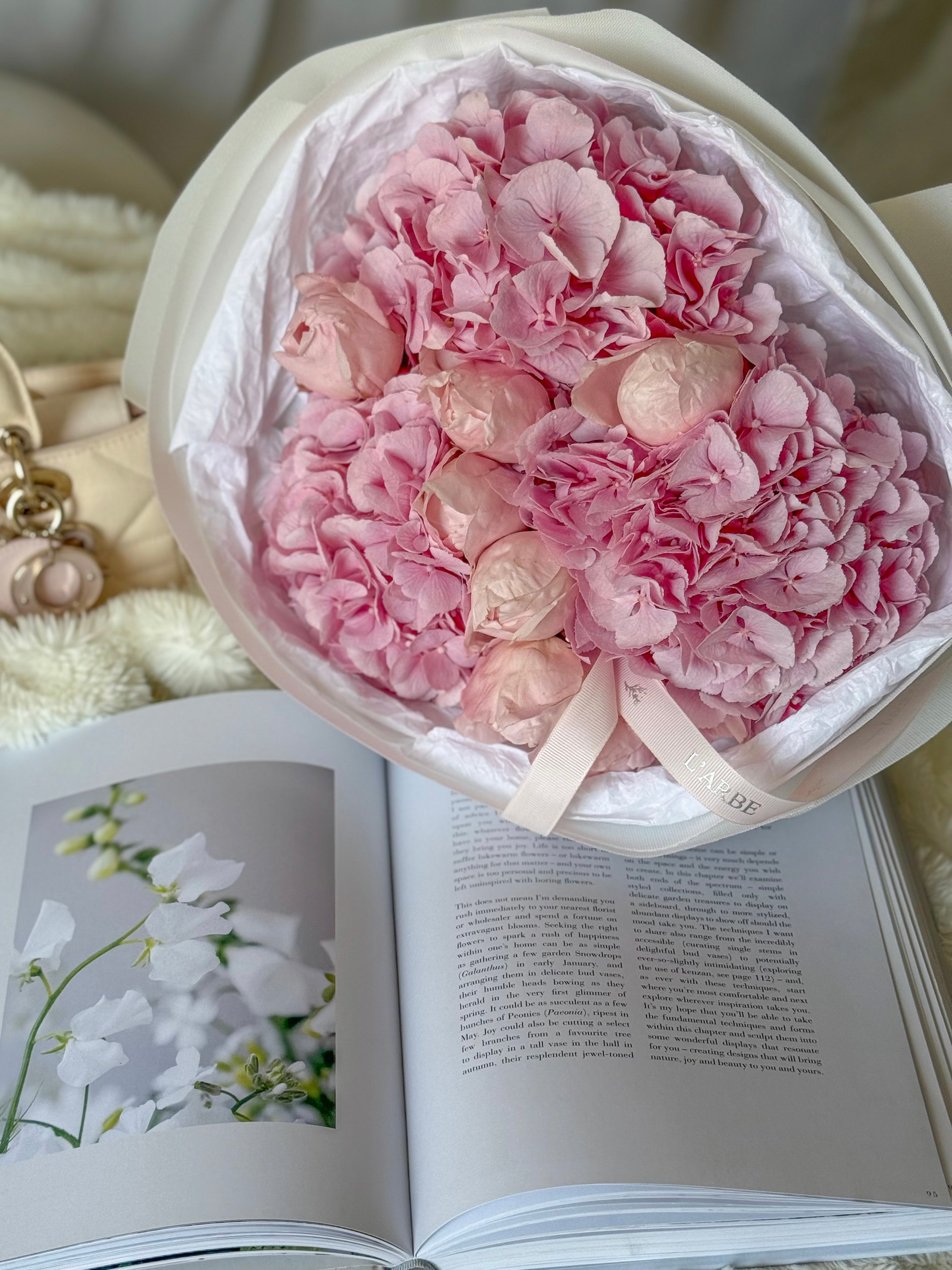 PINK FLOWERS BOUQUET WITH HYDRANGEA AND PEONY ROSES “OPALINE”  011222