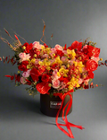 RED AND YELLOW FLOWERS BOUQUET IN BOX WITH ORCHIDS, ROSES AND ANTHURIUM