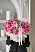 FLOWERS BASKET WITH PINK RANUNCULUS AND MATHIOLA