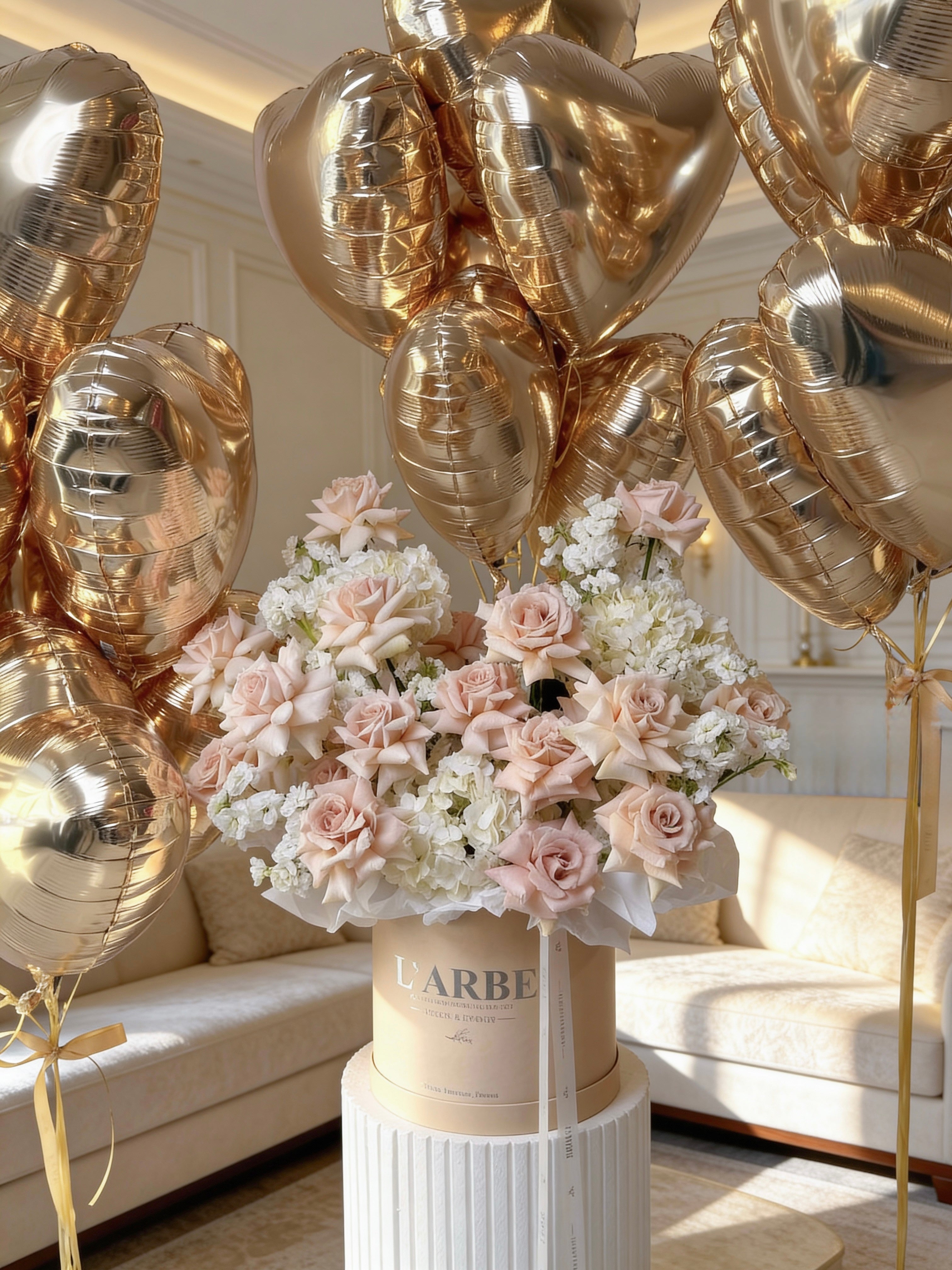 BEIGE FLOWERS BASKET WITH ROSES, MATTHIOLA AND HYDRANGEAS WITH 17 CHAMPAGNE BALLOONS “LATTE WITH BALLOONS”