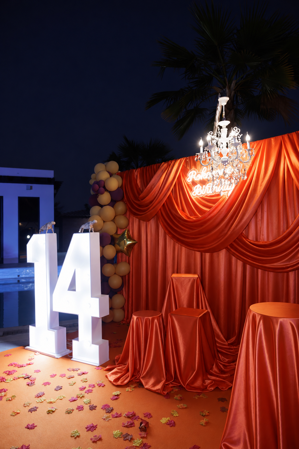 Elegant Orange & Luxury Birthday Photo Backdrop with Crystal Chandelier (Halloween backdrop)- rent