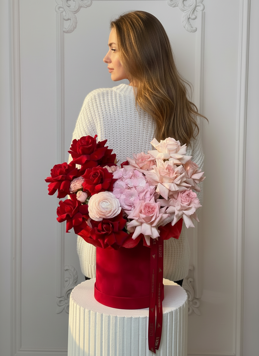 FLOWERS BOX “LUEUR” WITH ROSES AND HYDRANGEAS V116