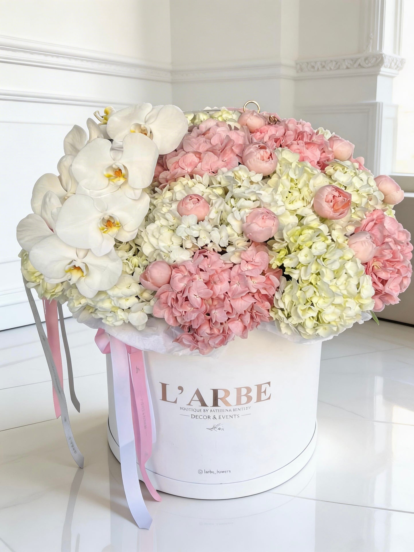 FLOWERS WHITE BOX WITH HYDRANGEAS AND ORCHIDS “ANGEL KISS”