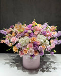 LILAC SHADES FLOWERS BOUQUET IN BOX WITH HYDRANGEA, MATTHIOLA AND FREESIA