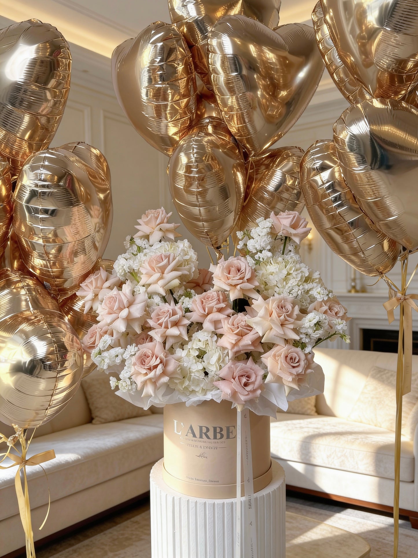VALENTINE’S EDITION BEIGE FLOWERS BASKET WITH ROSES, MATTHIOLA AND HYDRANGEAS WITH 17 ROSE GOLD BALLOONS V103b “Latte with balloons”