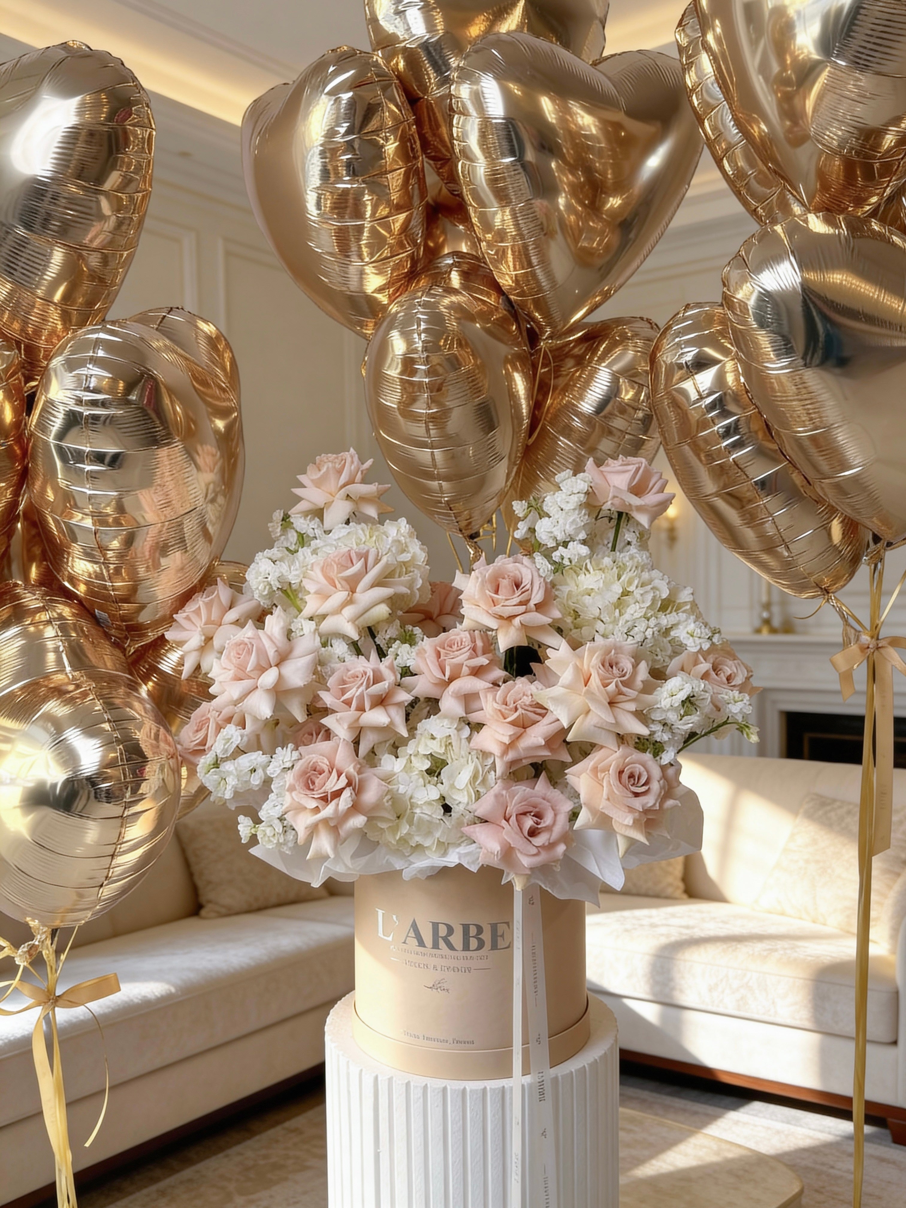 BEIGE FLOWERS BASKET WITH ROSES, MATTHIOLA AND HYDRANGEAS WITH 17 CHAMPAGNE BALLOONS “LATTE WITH BALLOONS”