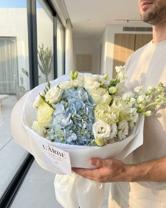BLUE AND WHITE FLOWERS BOUQUET WITH HYDRANGEA “BRAHMS”