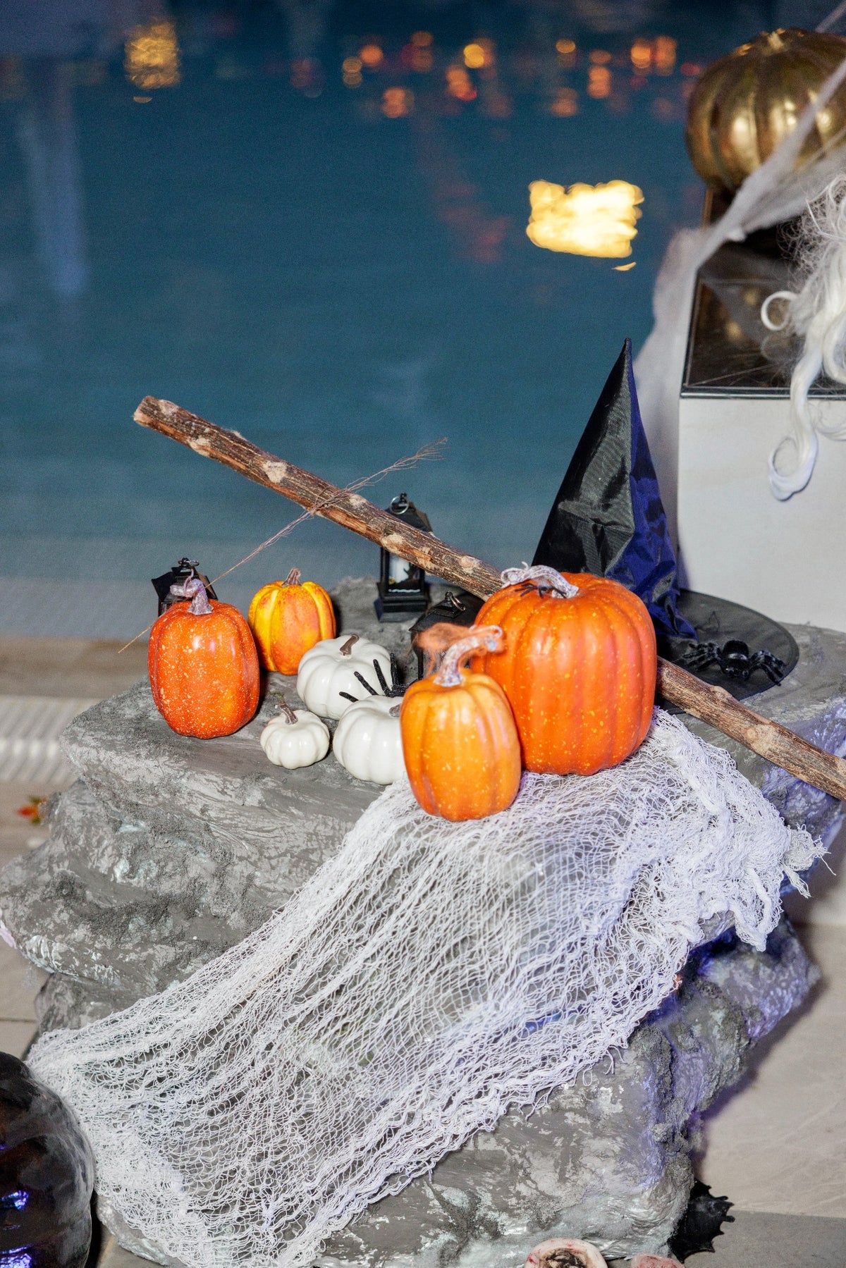 Spooky Skeleton Halloween Decor with Cobwebs & Pumpkin Accents - rent