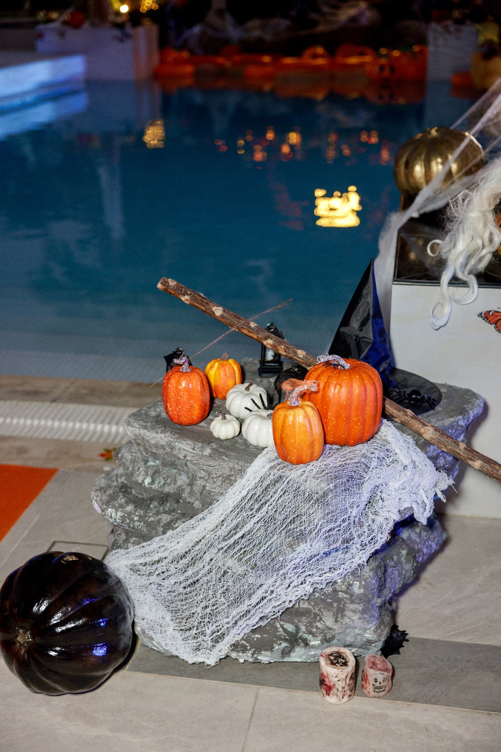 Spooky Skeleton Halloween Decor with Cobwebs & Pumpkin Accents - rent