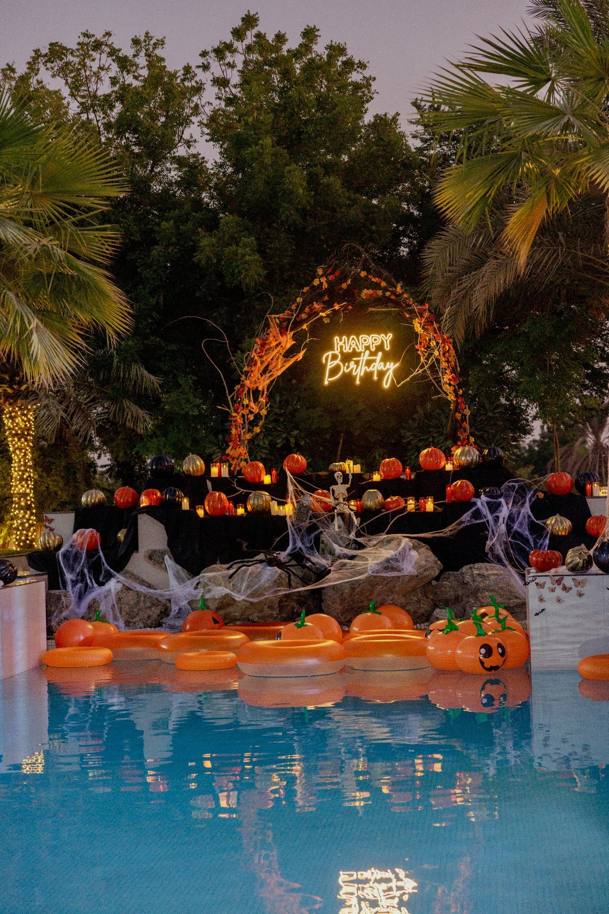 Enchanted Autumn Luxury Halloween Photo Backdrop with Pumpkins, Skeletons & Neon Arch - rent