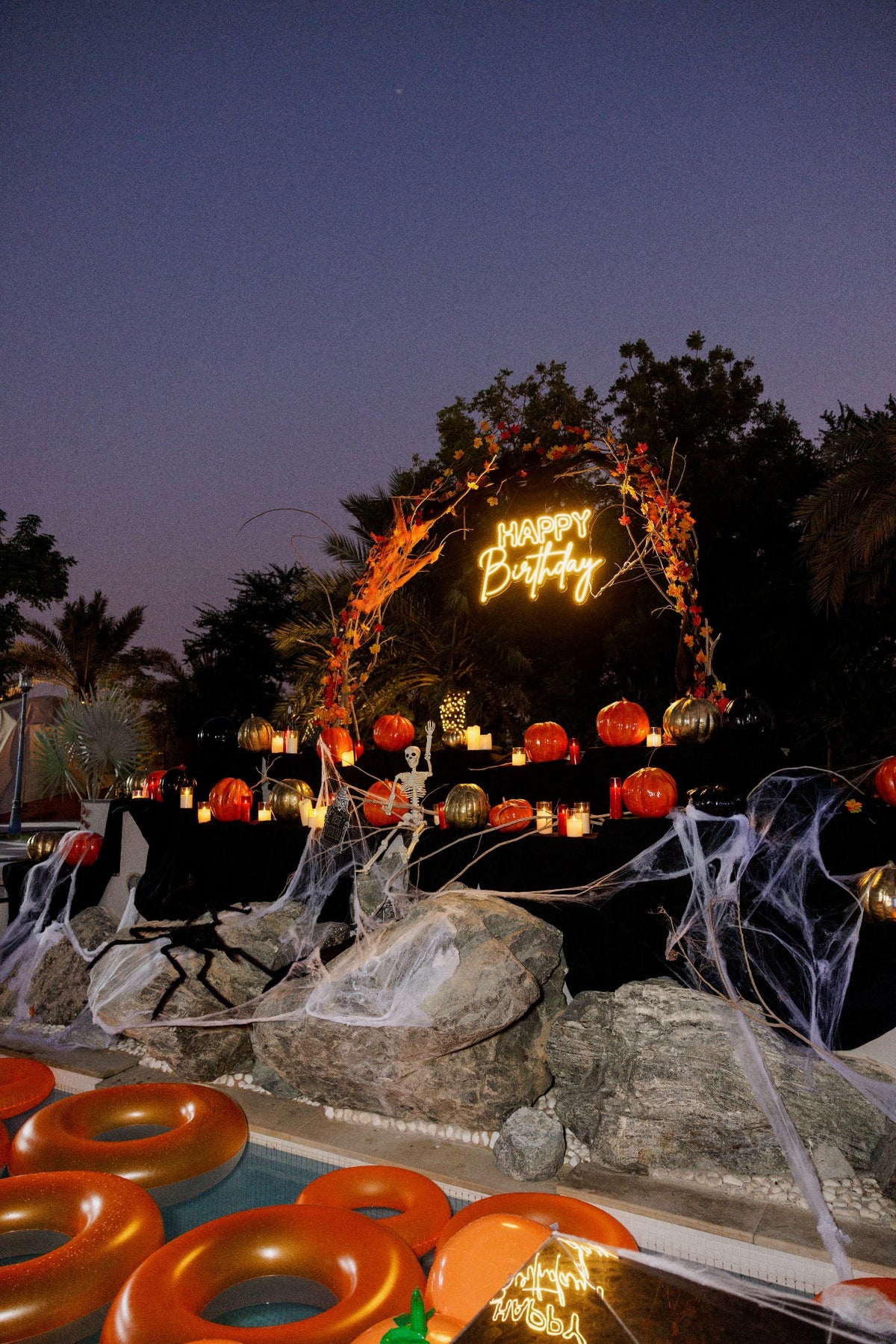 Enchanted Autumn Luxury Halloween Photo Backdrop with Pumpkins, Skeletons & Neon Arch - rent