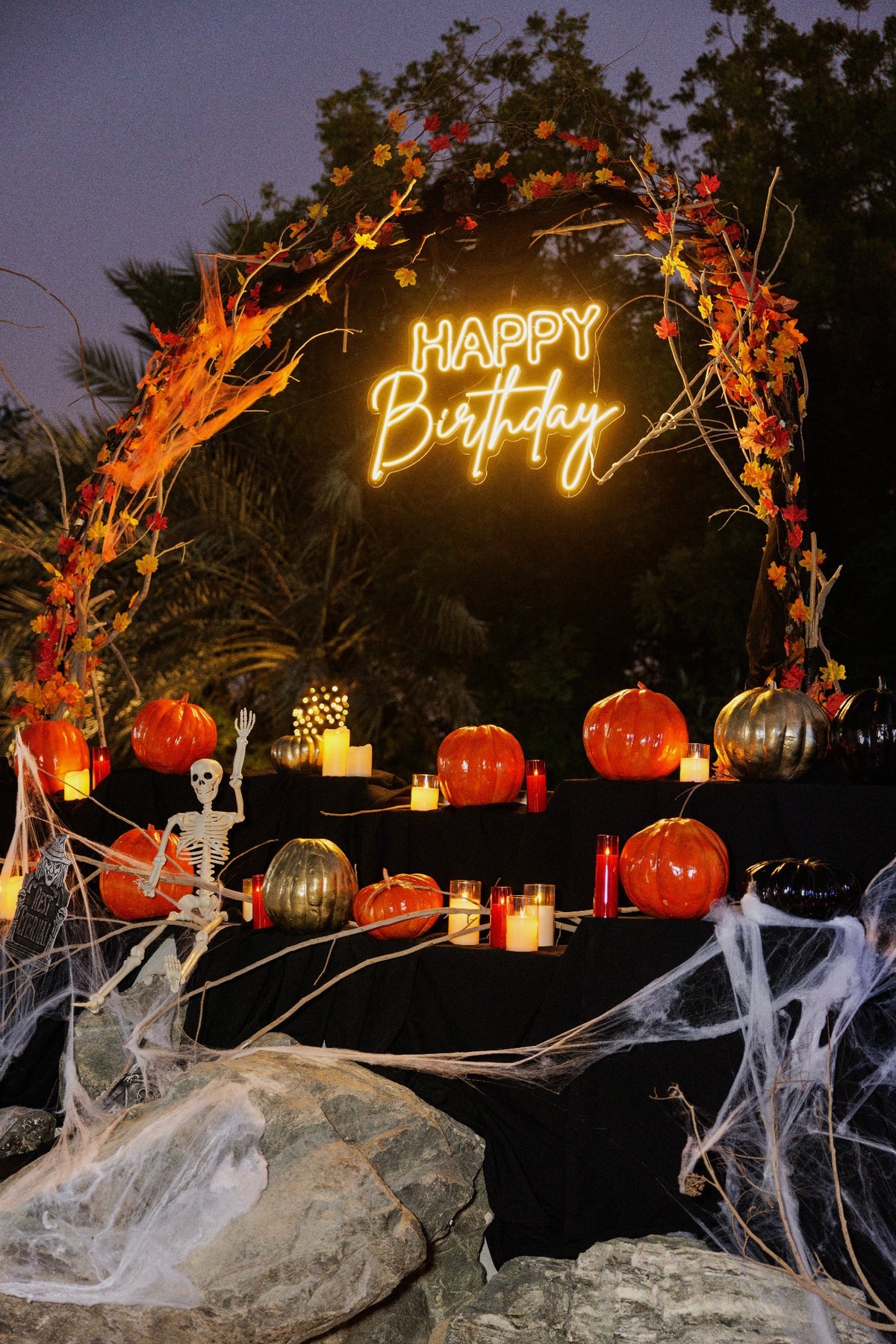 Enchanted Autumn Luxury Halloween Photo Backdrop with Pumpkins, Skeletons & Neon Arch - rent