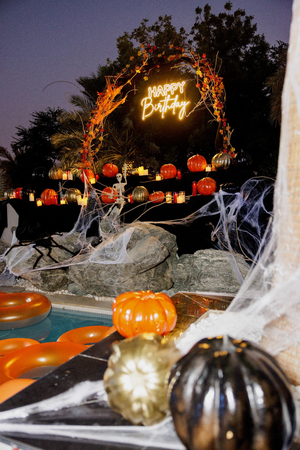 Enchanted Autumn Luxury Halloween Photo Backdrop with Pumpkins, Skeletons & Neon Arch - rent