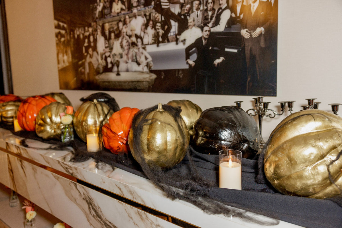 Golden Harvest Luxury Halloween Decor with Metallic Pumpkins & Candlelight - rent