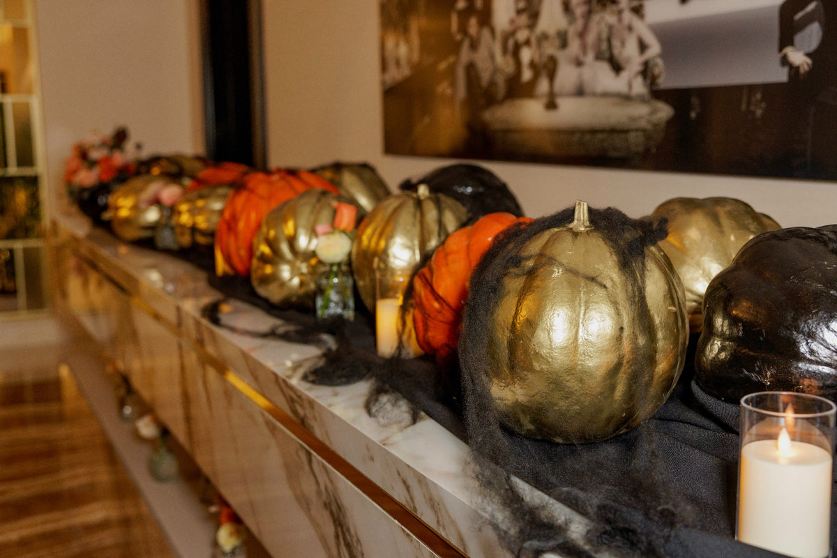 Golden Harvest Luxury Halloween Decor with Metallic Pumpkins & Candlelight - rent