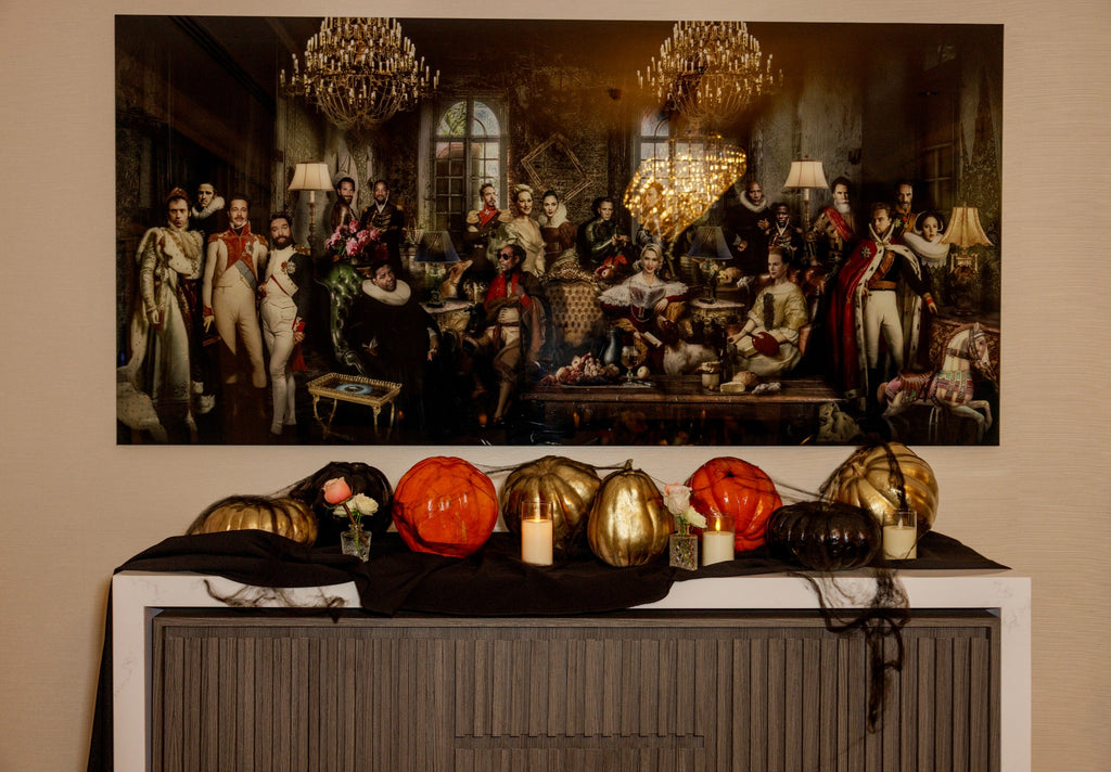 Golden Harvest Luxury Halloween Decor with Metallic Pumpkins & Candlelight - rent