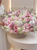 FLOWERS BASKET WITH PEONIES, MATTHIOLA AND RANUNCULUS “AUBADE”