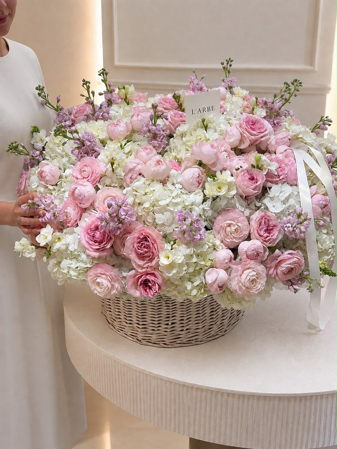 FLOWERS BASKET WITH PEONIES, MATTHIOLA AND RANUNCULUS “AUBADE”