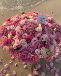 PINK FLOWERS BOUQUET IN BASKET WITH ROSES AND DIANTHUS