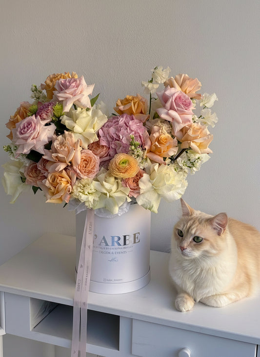 FLOWERS WHITE BOX WITH MATTHIOLA, HYDRANGEAS AND RANUNCULUS