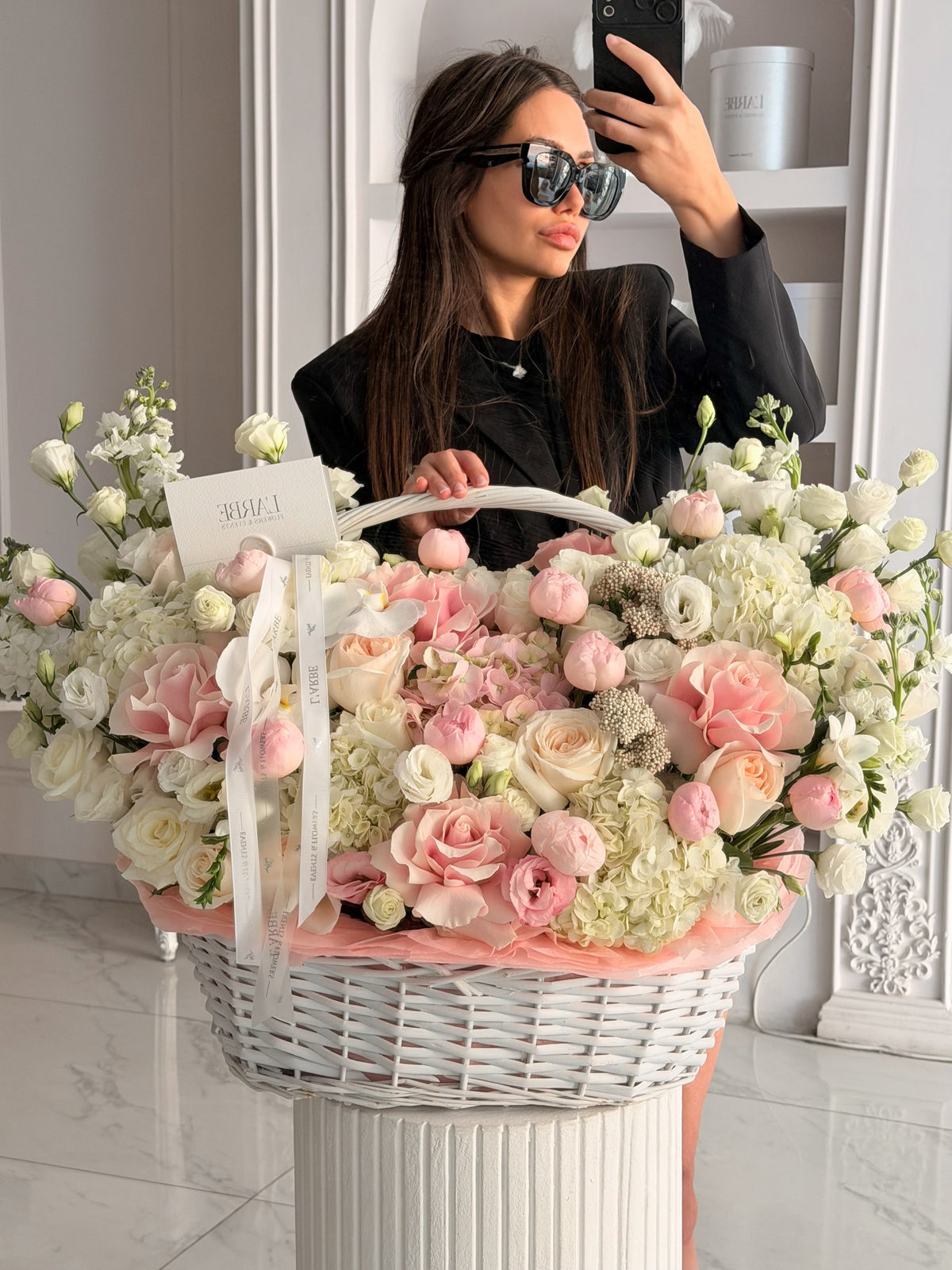LIGHT PINK BASKET WITH HYDRANGEA, PEONY ROSES “Blush Affair”
