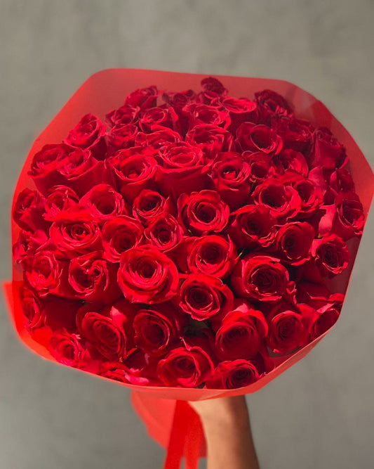 51 fresh red roses in red wrapping