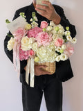 FLOWERS BASKET WITH ROSES AND HYDRANGEAS