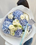 BLUE AND WHITE FLOWERS BOUQUET WITH HYDRANGEA AND RANUNCULUS