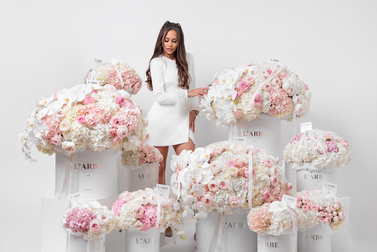 HUGE FLOWERS BOXES SET WITH HYDRANGEAS, ORCHIDS AND ROSES