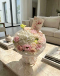 WHITE AND PINK FLOWERS BOUQUET WITH HYDRANGEAS, DIANTHUS, ROSES AND EUSTOMA