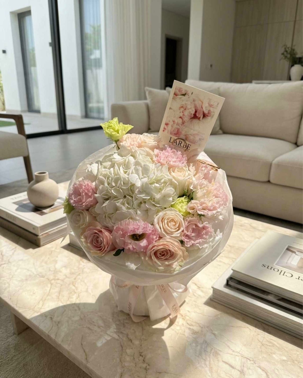 WHITE AND PINK FLOWERS BOUQUET WITH HYDRANGEAS, DIANTHUS, ROSES AND EUSTOMA
