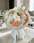 WHITE AND ORANGE FLOWERS BOUQUET WITH ORCHIDS, ROSES AND MATTHIOLA “CROWN” 0121