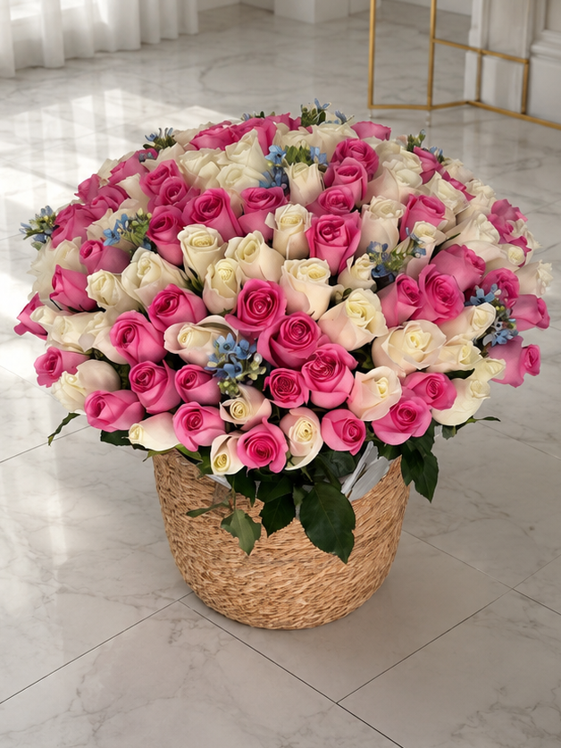 FLOWERS BASKET WITH ROSES PINK AND WHITE
