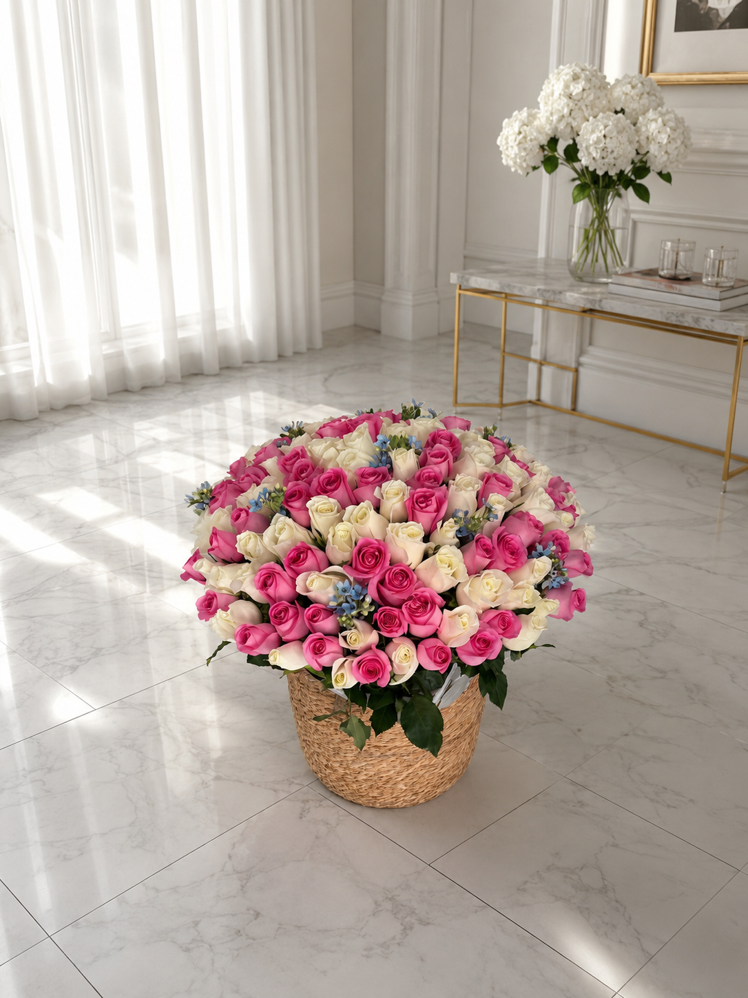 FLOWERS BASKET WITH ROSES PINK AND WHITE