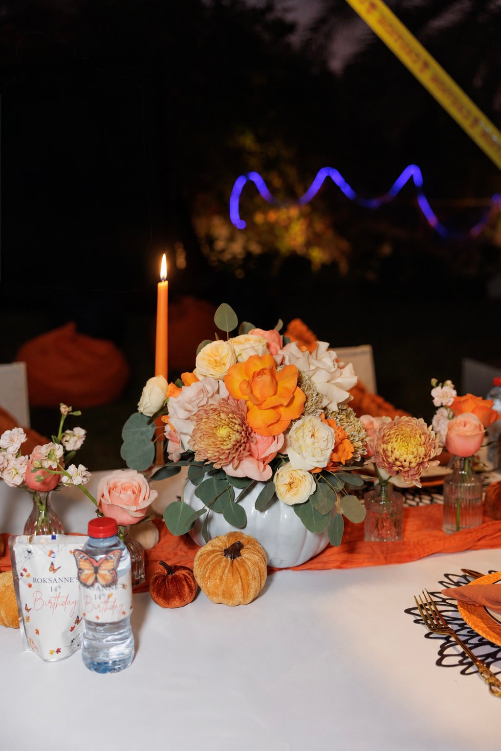 Autumn Elegance Luxury Halloween Table Setting for 8 Guests with Pumpkin Accents, Floral Decor & Candlelight - rent