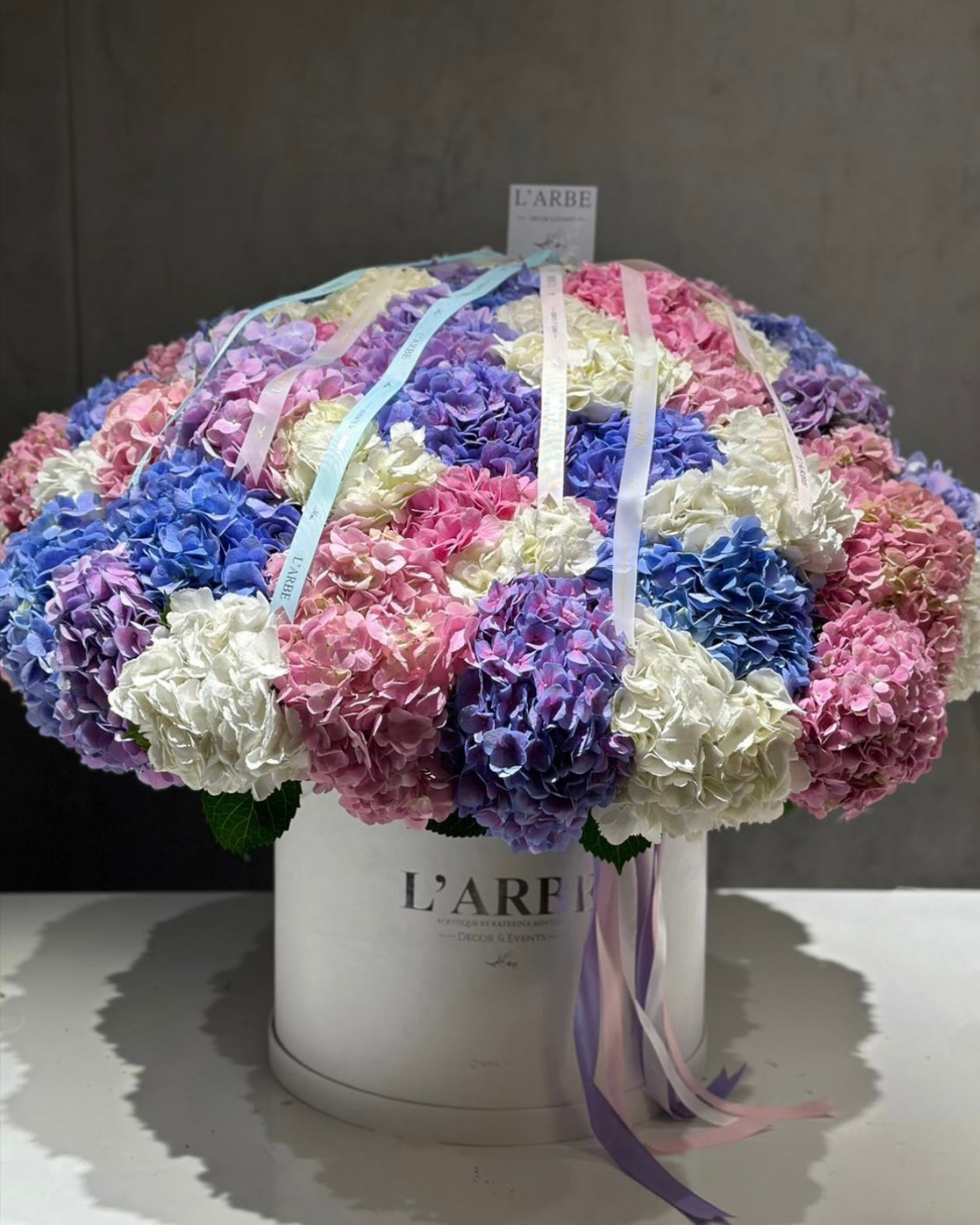 Box with hydrangeas