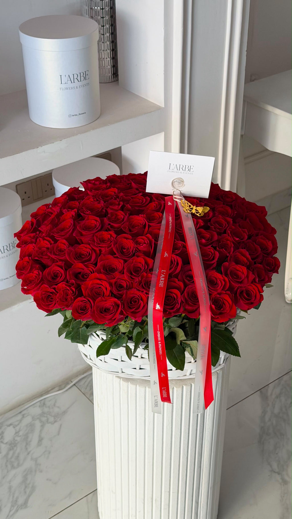 FLOWERS BASKET WITH RED ROSES 101 IN WHITE BASKET