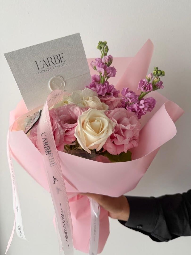 PINK FLOWERS BOUQUET WITH ROSES AND MATTHIOLA